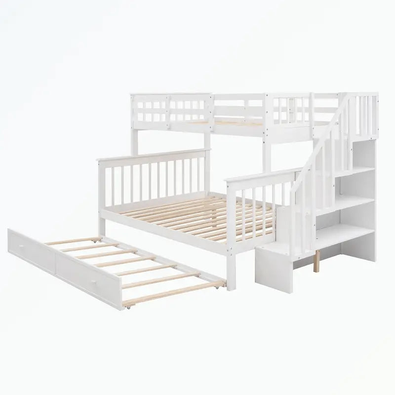 Lit superposé avec escalier espresso/vert/blanc, lits jumeaux superposés avec lit gigogne, 3 couchages