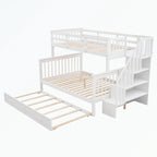 Lit superposé avec escalier espresso/vert/blanc, lits jumeaux superposés avec lit gigogne, 3 couchages