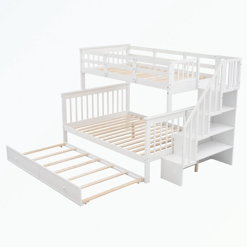 Lit superposé avec escalier espresso/vert/blanc, lits jumeaux superposés avec lit gigogne, 3 couchages