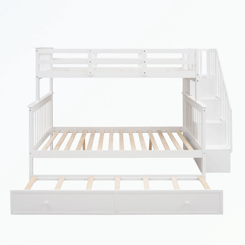 Lit superposé avec escalier espresso/vert/blanc, lits jumeaux superposés avec lit gigogne, 3 couchages