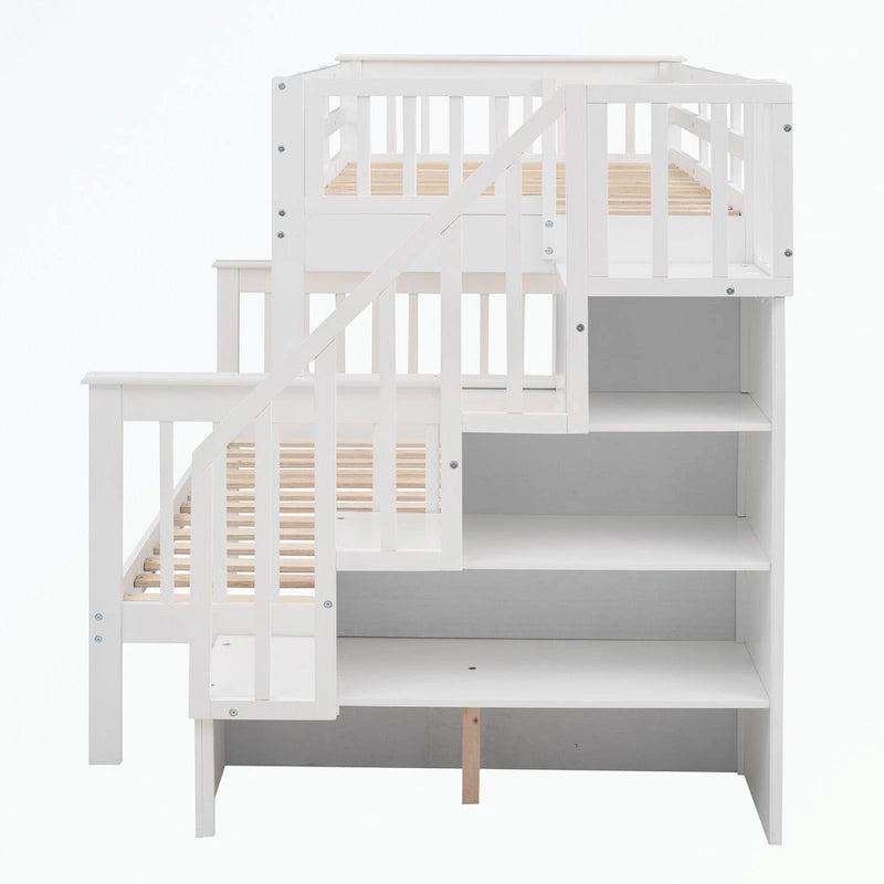 Lit superposé avec escalier espresso/vert/blanc, lits jumeaux superposés avec lit gigogne, 3 couchages