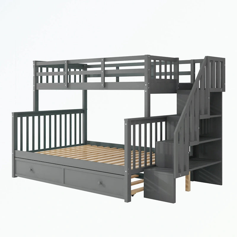 Lit superposé avec escalier espresso/vert/blanc, lits jumeaux superposés avec lit gigogne, 3 couchages