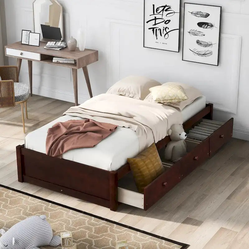 Lit plateforme de rangement double avec 3 tiroirs, brun/cerise/blanc, simple