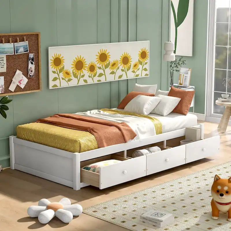 Twin Size Platform Storage Bed with 3 Drawers - Pine Wood Frame, Space-Saving Design 3 Colors