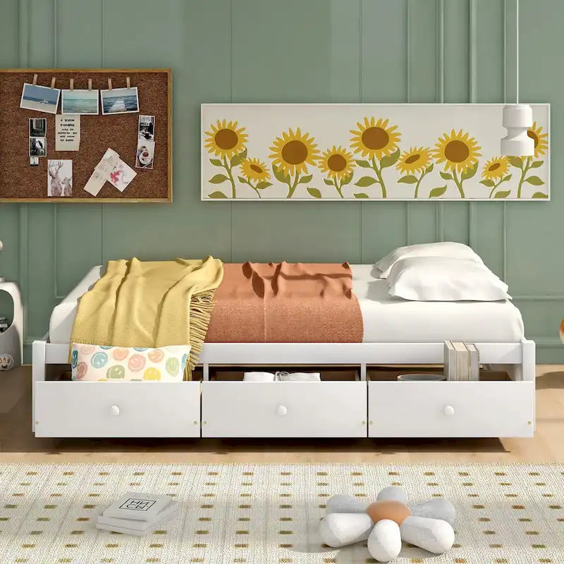 Lit plateforme de rangement double avec 3 tiroirs, brun/cerise/blanc, simple