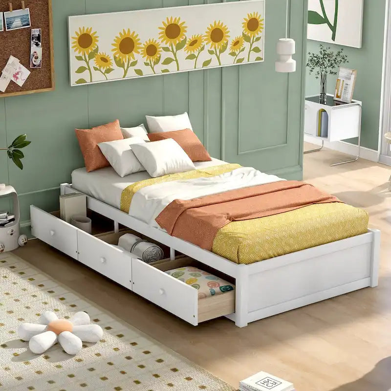 Lit plateforme de rangement double avec 3 tiroirs, brun/cerise/blanc, simple