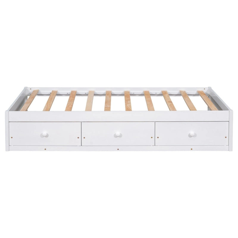 Lit plateforme de rangement double avec 3 tiroirs, brun/cerise/blanc, simple