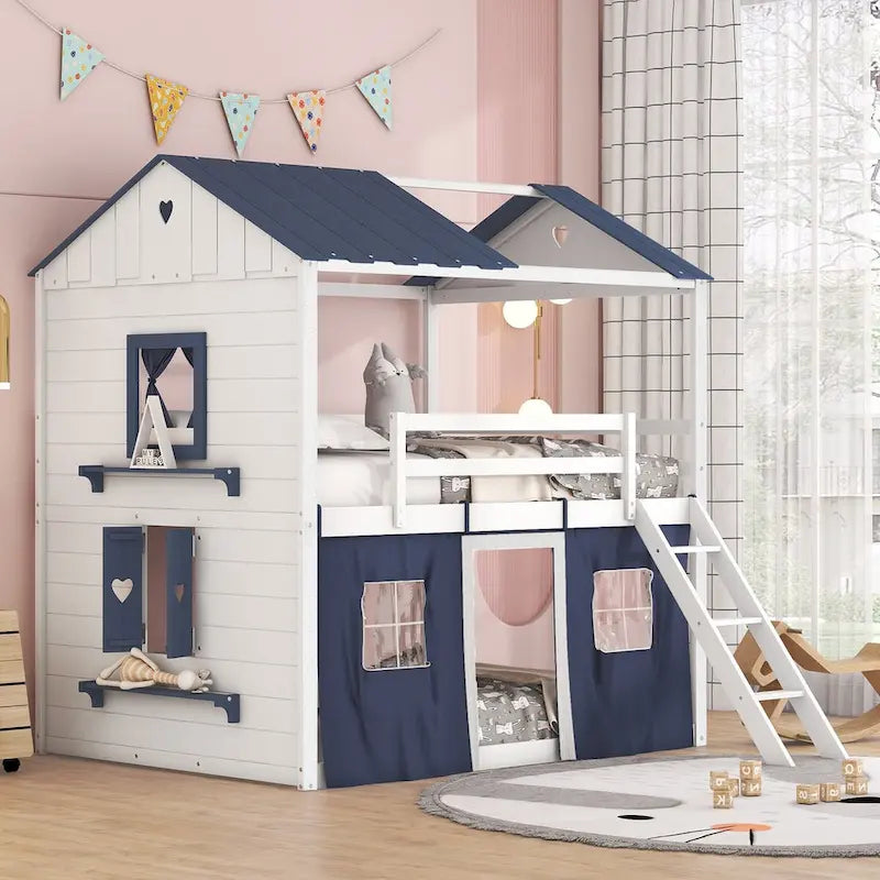 White+Blue Full Size Wood House Bunk Bed with Elegant Features