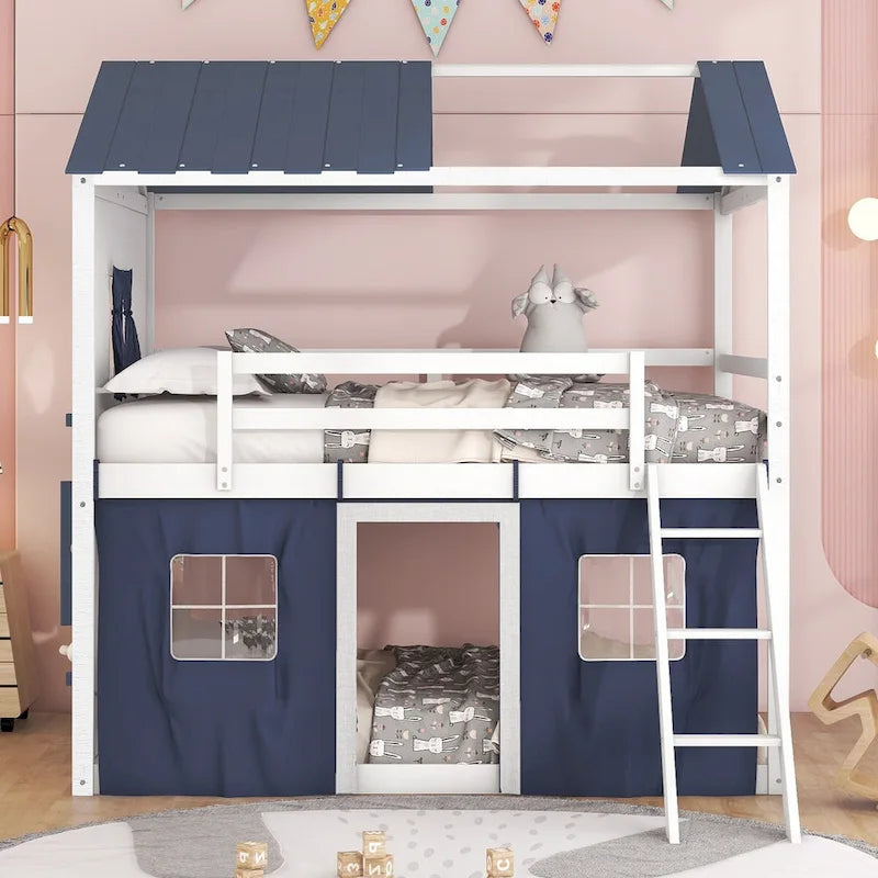 Lit superposé cabane grandeur nature blanc et bleu, 1 enfant