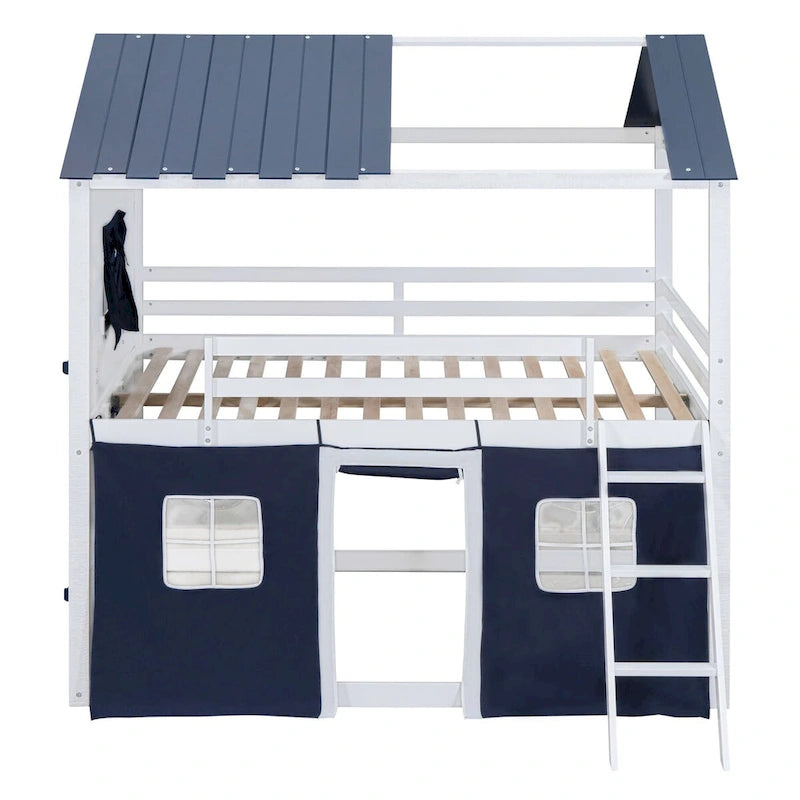 Lit superposé cabane grandeur nature blanc et bleu, 1 enfant
