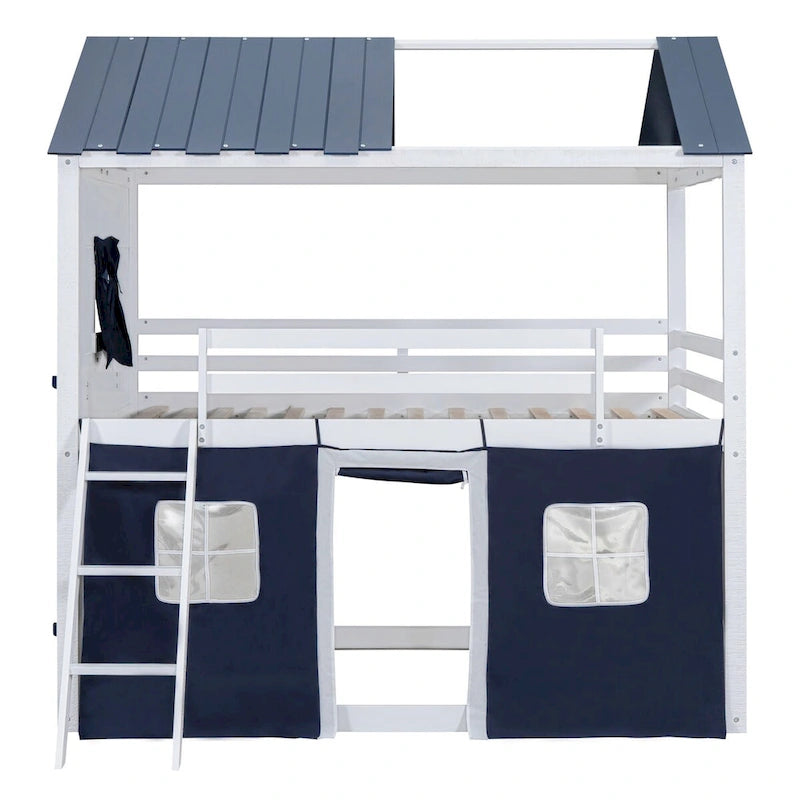Lit superposé cabane grandeur nature blanc et bleu, 1 enfant