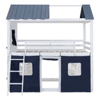 Lit superposé cabane grandeur nature blanc et bleu, 1 enfant