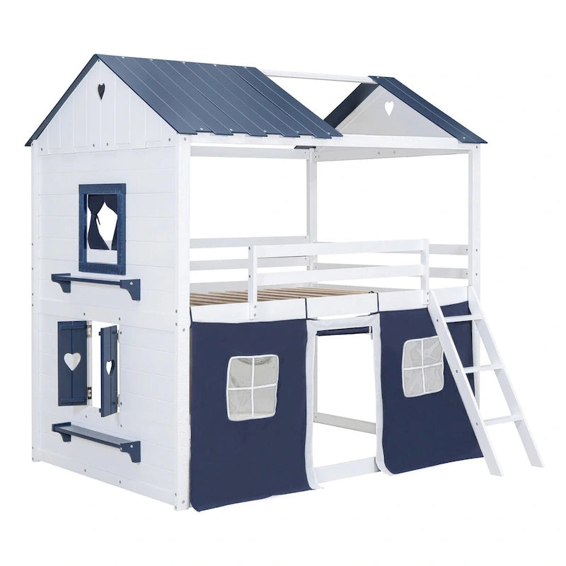 Lit superposé cabane grandeur nature blanc et bleu, 1 enfant