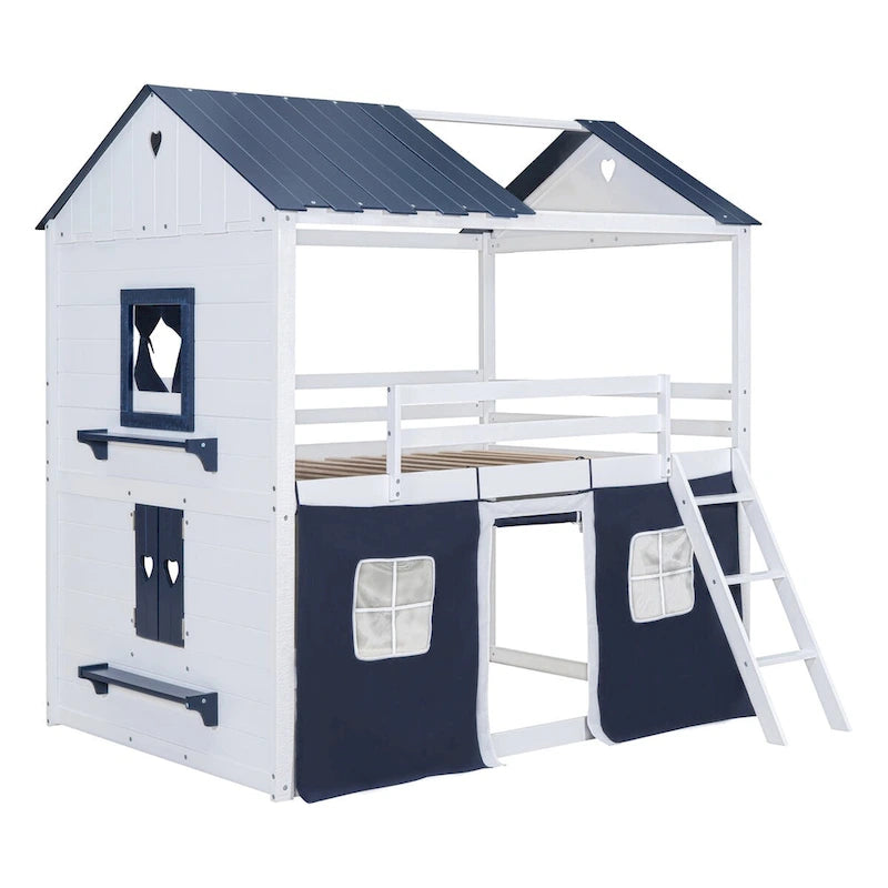 Lit superposé cabane grandeur nature blanc et bleu, 1 enfant