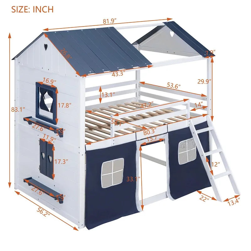 Lit superposé cabane grandeur nature blanc et bleu, 1 enfant