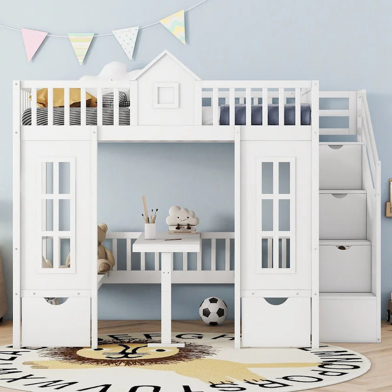 Lit superposé double rose / gris / blanc avec table rabattable – 2 couchages