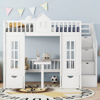Lit superposé double rose / gris / blanc avec table rabattable – 2 couchages