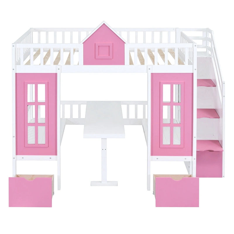 Lit superposé double rose / gris / blanc avec table rabattable – 2 couchages