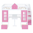 Lit superposé double rose / gris / blanc avec table rabattable – 2 couchages