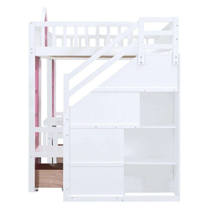 Lit superposé double rose / gris / blanc avec table rabattable – 2 couchages