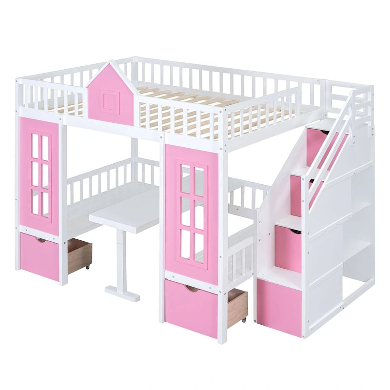 Lit superposé double rose / gris / blanc avec table rabattable – 2 couchages