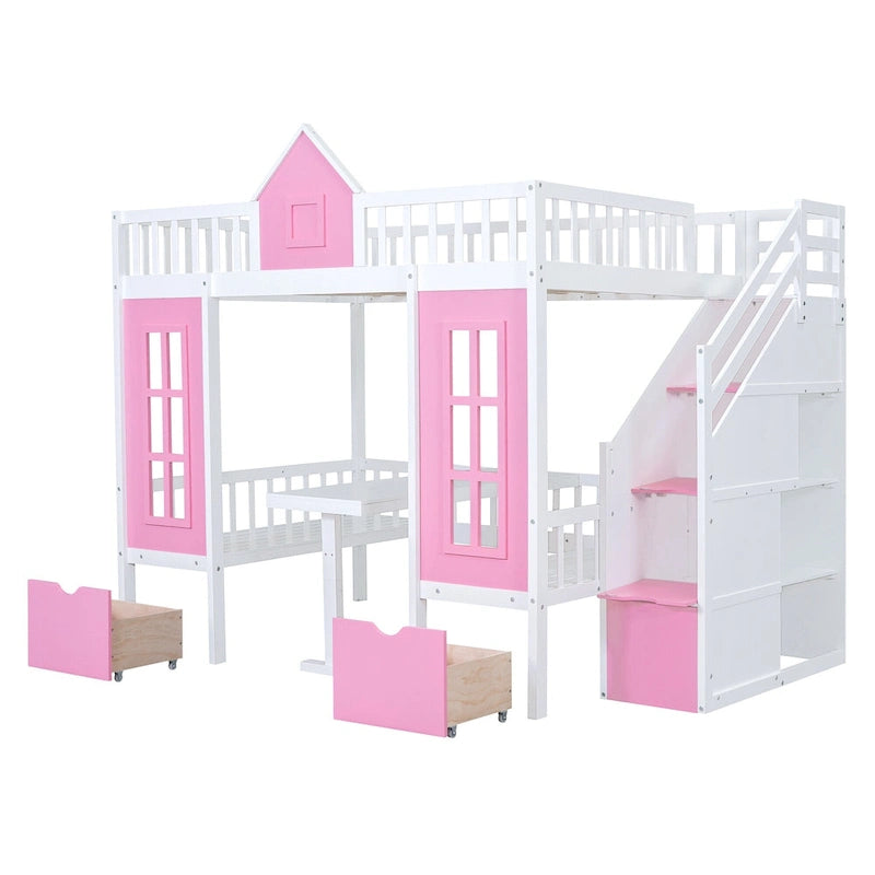 Lit superposé double rose / gris / blanc avec table rabattable – 2 couchages