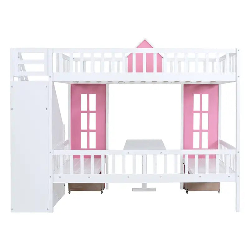 Lit superposé double rose / gris / blanc avec table rabattable – 2 couchages