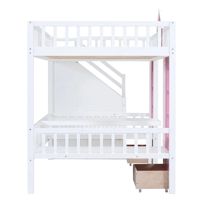 Lit superposé double rose / gris / blanc avec table rabattable – 2 couchages