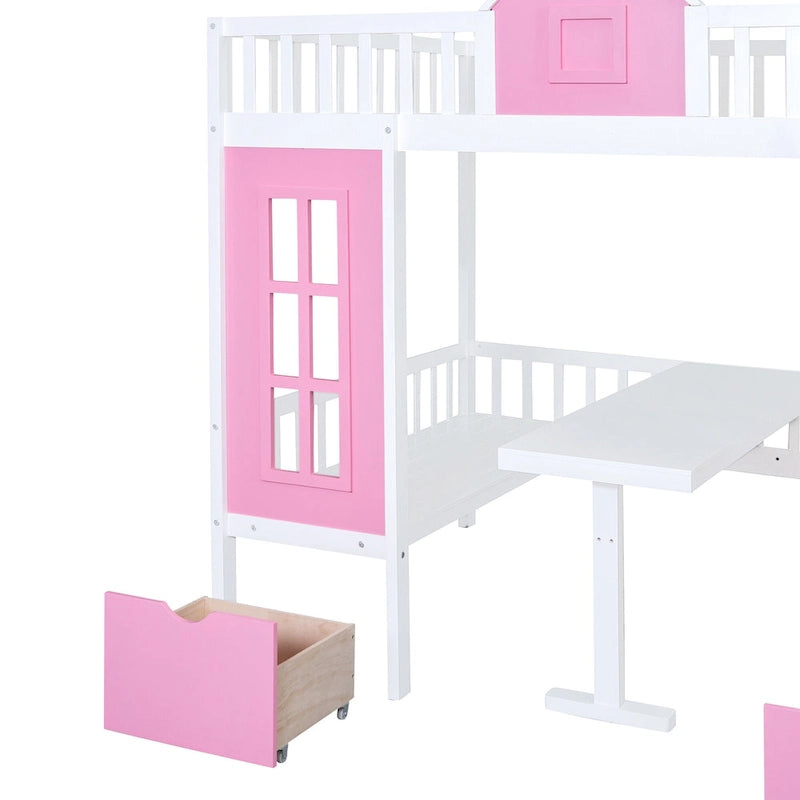 Lit superposé double rose / gris / blanc avec table rabattable – 2 couchages