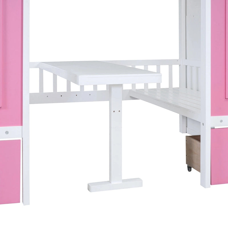 Lit superposé double rose / gris / blanc avec table rabattable – 2 couchages