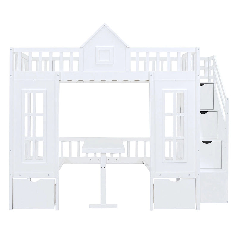 Lit superposé double rose / gris / blanc avec table rabattable – 2 couchages