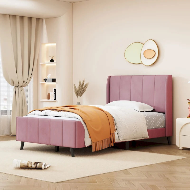 Lit plateforme jumeau en velours rose / gris / beige avec tête de lit capitonnée, 1 personne