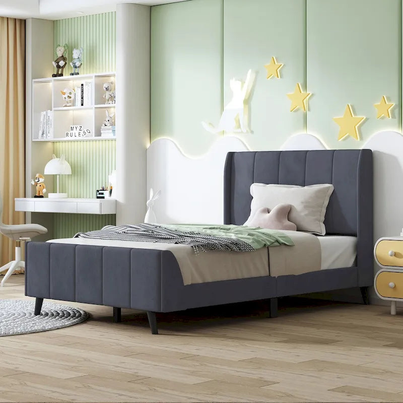 Lit plateforme jumeau en velours rose / gris / beige avec tête de lit capitonnée, 1 personne