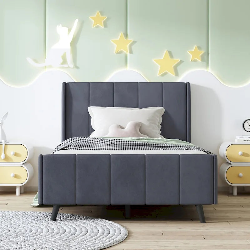 Lit plateforme jumeau en velours rose / gris / beige avec tête de lit capitonnée, 1 personne