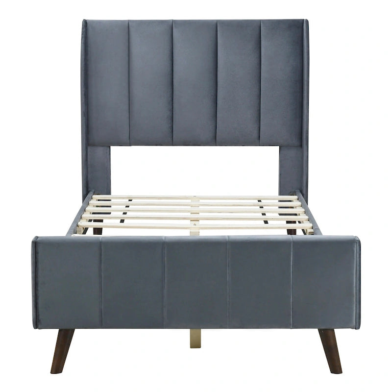 Lit plateforme jumeau en velours rose / gris / beige avec tête de lit capitonnée, 1 personne