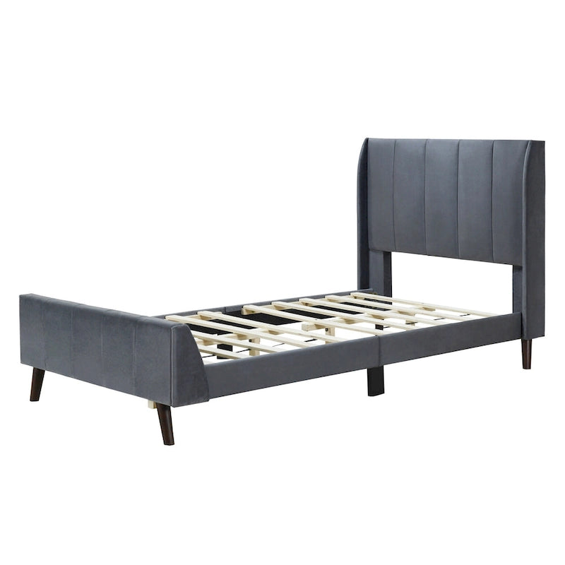 Lit plateforme jumeau en velours rose / gris / beige avec tête de lit capitonnée, 1 personne