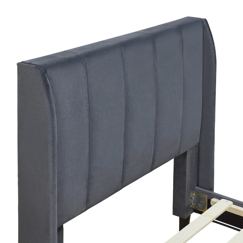 Lit plateforme jumeau en velours rose / gris / beige avec tête de lit capitonnée, 1 personne