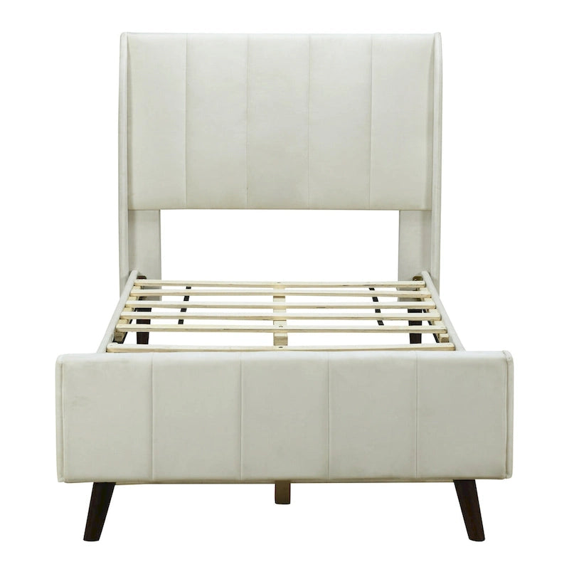 Lit plateforme jumeau en velours rose / gris / beige avec tête de lit capitonnée, 1 personne