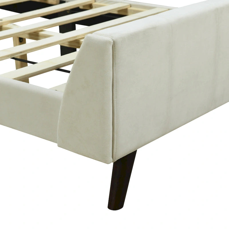 Lit plateforme jumeau en velours rose / gris / beige avec tête de lit capitonnée, 1 personne