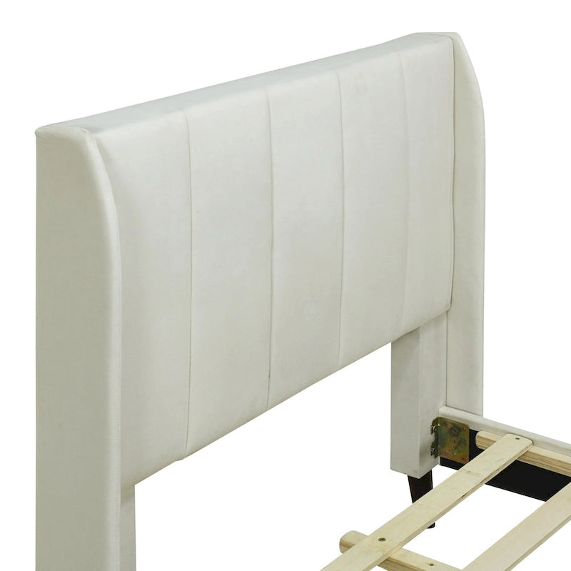 Lit plateforme jumeau en velours rose / gris / beige avec tête de lit capitonnée, 1 personne