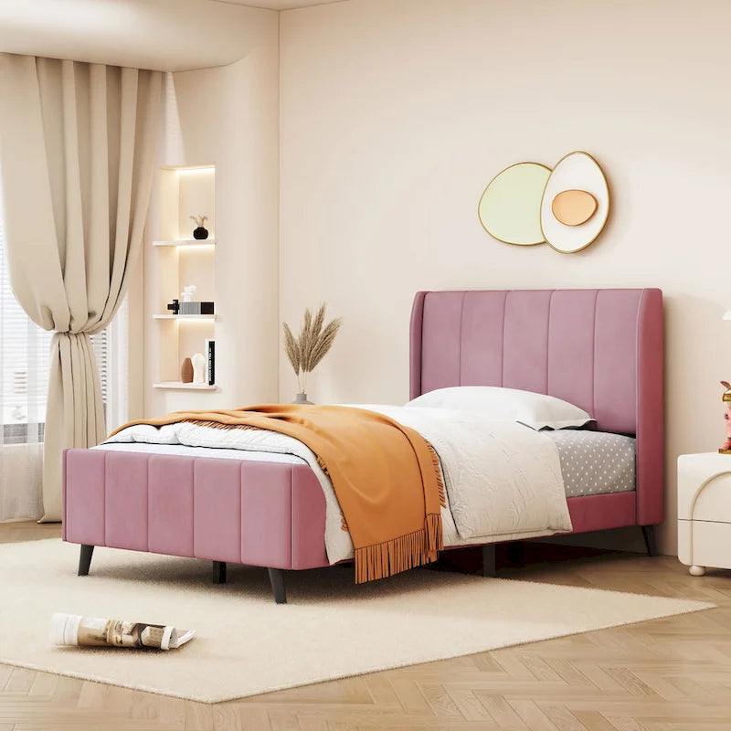 Lit plateforme jumeau en velours rose / gris / beige avec tête de lit capitonnée, 1 personne