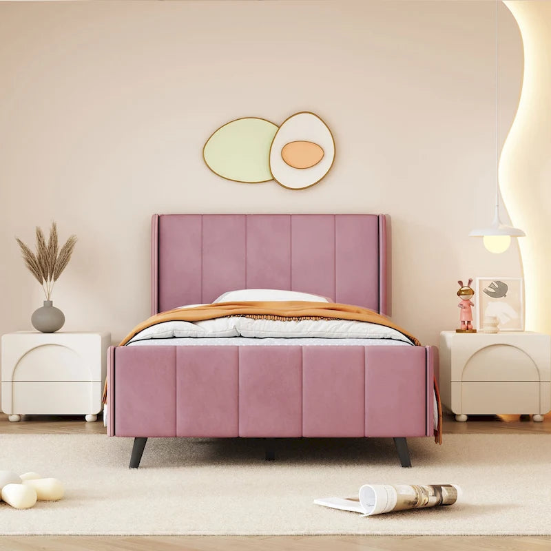 Lit plateforme jumeau en velours rose / gris / beige avec tête de lit capitonnée, 1 personne