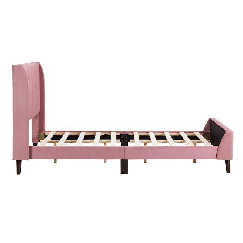 Lit plateforme jumeau en velours rose / gris / beige avec tête de lit capitonnée, 1 personne