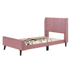 Lit plateforme jumeau en velours rose / gris / beige avec tête de lit capitonnée, 1 personne