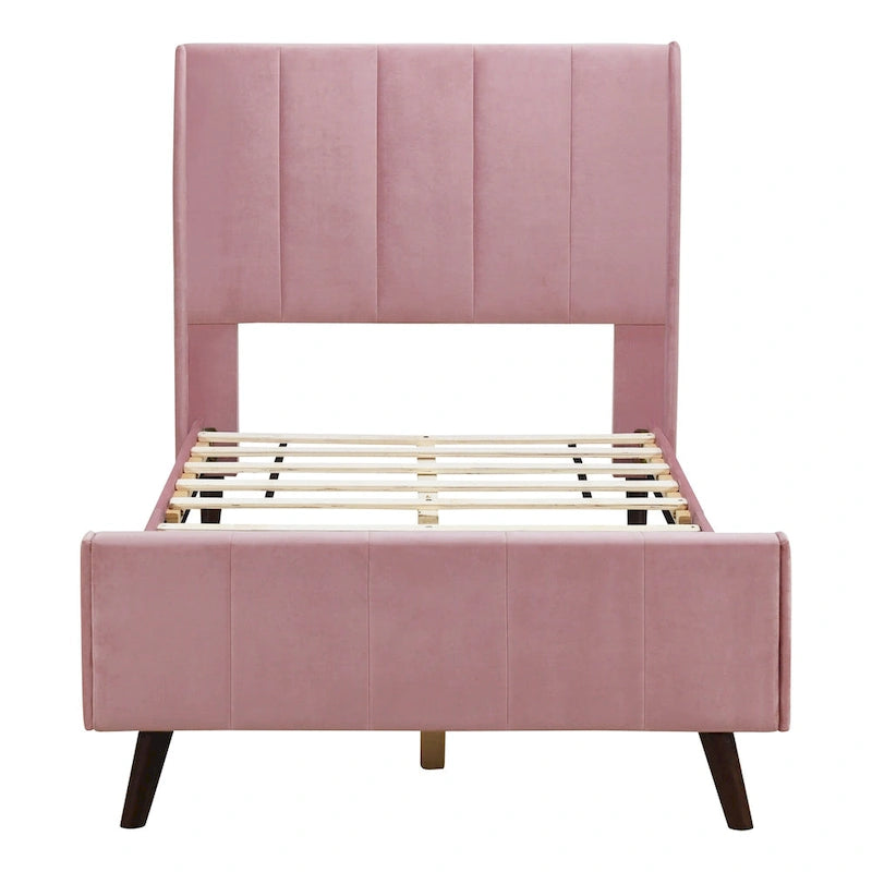 Lit plateforme jumeau en velours rose / gris / beige avec tête de lit capitonnée, 1 personne