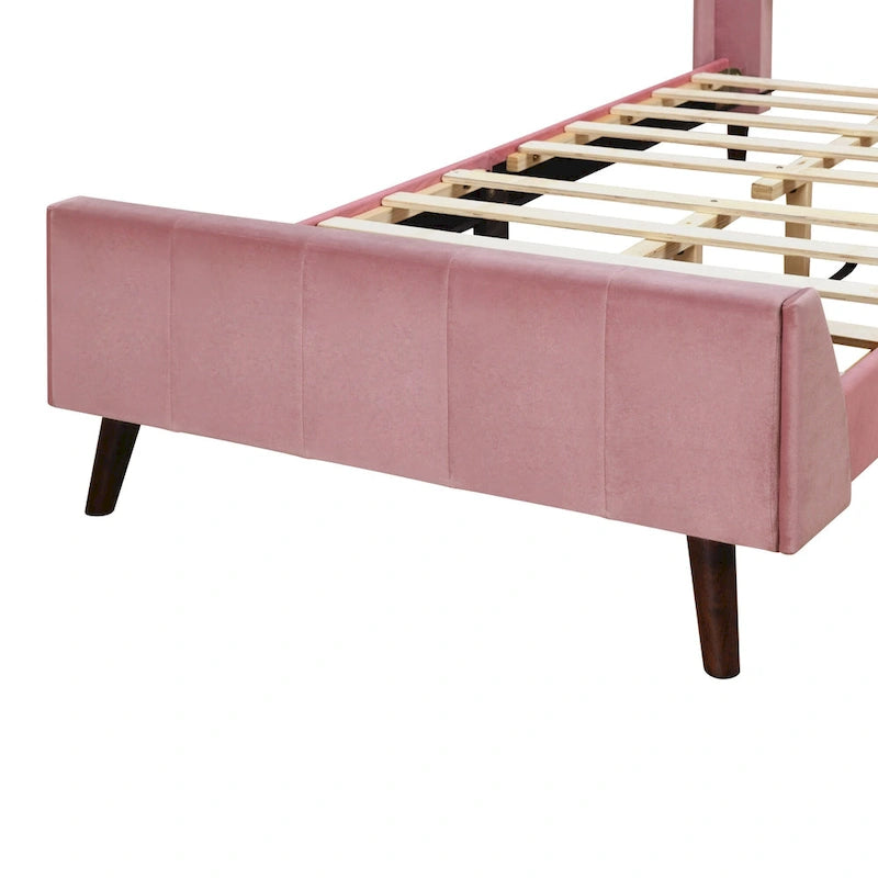 Lit plateforme jumeau en velours rose / gris / beige avec tête de lit capitonnée, 1 personne