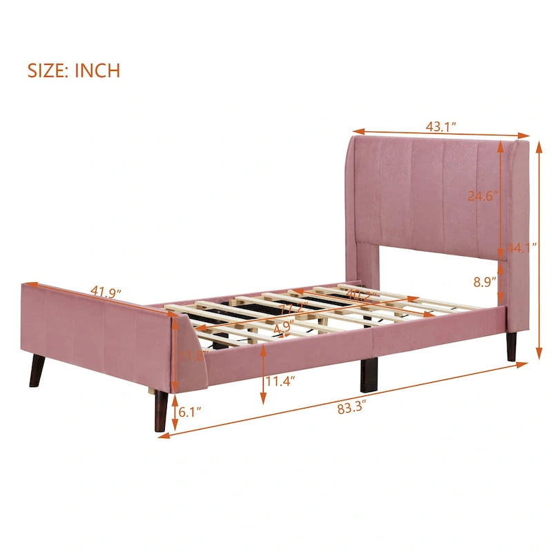 Lit plateforme jumeau en velours rose / gris / beige avec tête de lit capitonnée, 1 personne