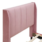 Lit plateforme jumeau en velours rose / gris / beige avec tête de lit capitonnée, 1 personne