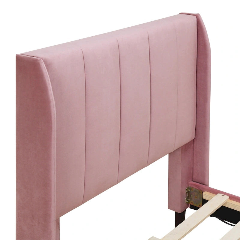 Lit plateforme jumeau en velours rose / gris / beige avec tête de lit capitonnée, 1 personne