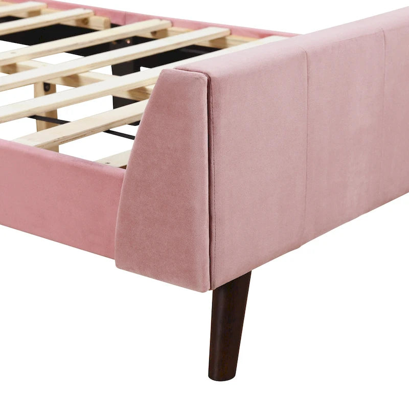 Lit plateforme jumeau en velours rose / gris / beige avec tête de lit capitonnée, 1 personne